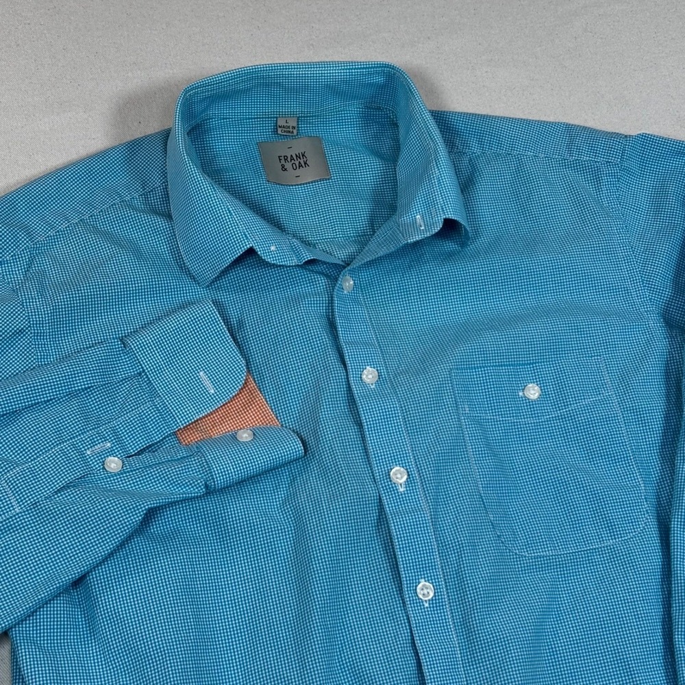 FRANK OAK Men Turquoise Gingham Button Down Shirt Long Sleeve Roll Tab Size L